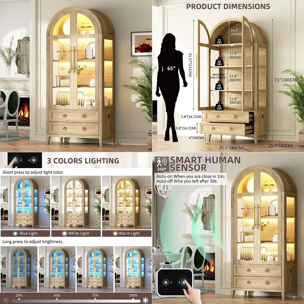 Glass Cabinet Display - Витрина-шкаф 71 Arched Curio с стеклянными